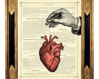 Coração anatômico fio mão gótico - vintage vitoriano livro página arte impressão steampunk dia dos namorados amor
