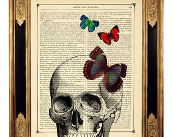 Impression d'art tête de mort, papillons gothiques, tête de mort humaine, affiche d'Halloween, page de livre victorienne vintage Steampunk Dark Academia