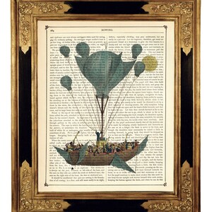 May include: A vintage illustration of a boat being lifted into the air by a cluster of blue balloons. The boat is filled with people and the text "ROWING" is printed at the top of the page.