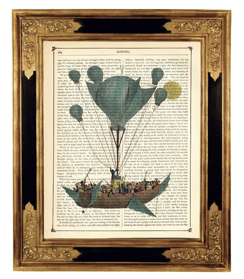 May include: A vintage illustration of a boat being lifted into the air by a cluster of blue balloons. The boat is filled with people and the text "ROWING" is printed at the top of the page.