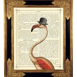 Pink Flamingo Bird Dictionary Bowler Hat Steampunk Gentleman Cottagecore - Vintage Victorian Book Page Art Print Poster Wall Decoration
