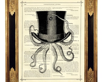 Steampunk pieuvre Image Kraken haut de forme affiche tentacules - page de livre victorienne vintage impression d'art Dark Academia