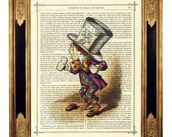 Alice no país das maravilhas, o chapeleiro maluco, xícara de chá cottagecore-página de livro vitoriano vintage, impressão artística, pôster colorido steampunk