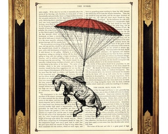 Horse red Parachute Farm Animals Cottagecore - Vintage Victorian Book Page Art Print Steampunk Dictionary Horse Picture Image