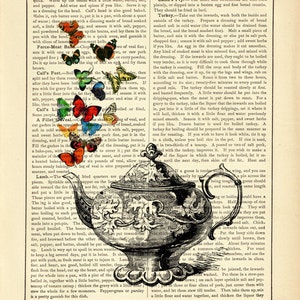 Teapot Butterflies Butterfly Picture Kitchen Country Cottagecore Decoration Dictionary Vintage Victorian Book Page Art Print Steampunk image 2