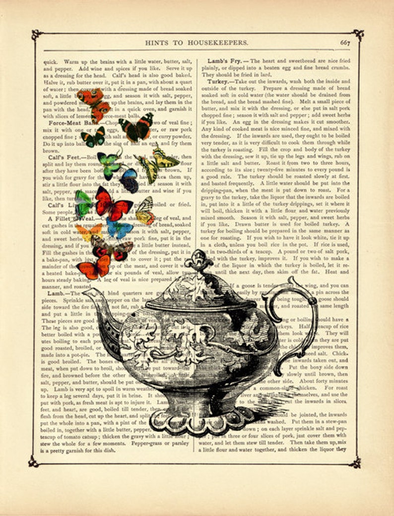 Teapot Butterflies Butterfly Picture Kitchen Country Cottagecore Decoration Dictionary Vintage Victorian Book Page Art Print Steampunk image 2