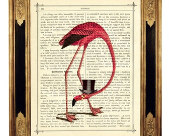 Flamant rose oiseau haut de forme Steampunk Gentleman - livre victorien vintage page impression d'art dictionnaire Poster