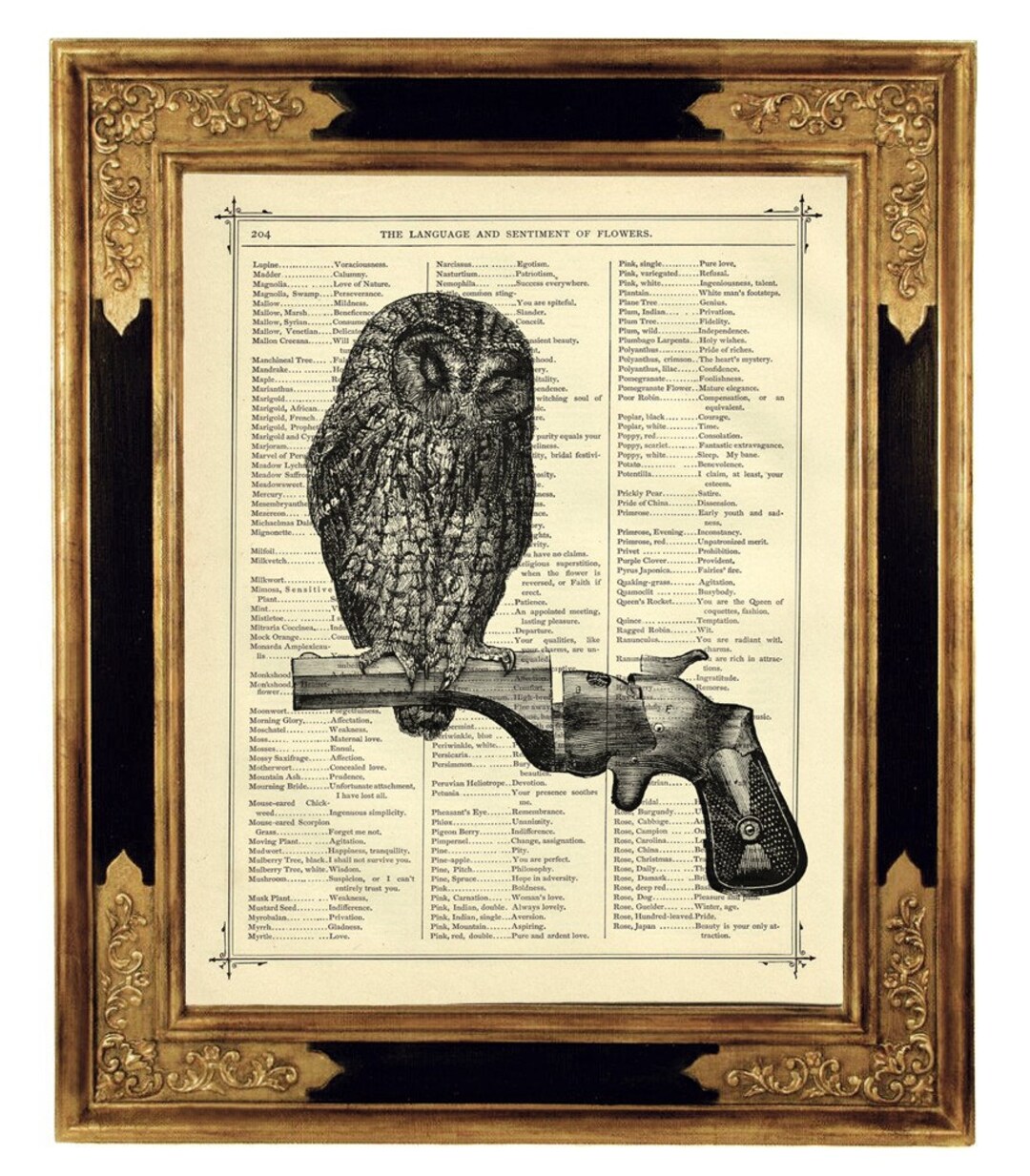 Owl Art Print Revolver Tree Branch Gun Dictionary Poster Gothic