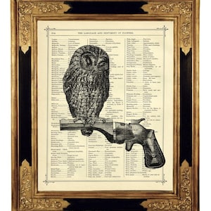 Búho arte impresión revólver árbol rama arma diccionario cartel gótico Steampunk Dark Academia - Página de libro victoriano vintage