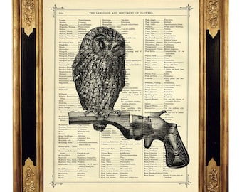 Owl Art Print Revolver Tree Branch Gun Dictionary Poster Gothic Steampunk Dark Academia - Vintage Victorian Book Page