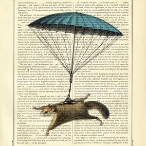 Flying Squirrel Art Print blue Parachute Cottagecore Vintage Victorian Book Page Art Print Steampunk Nursery Wall Art Circus image 2