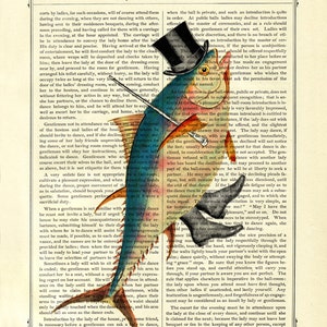 Dancing Fish Art Print Gentleman Top Hat Cane Steampunk Poster Vintage Victorian Book Page Art Print Nautical Sealife image 2