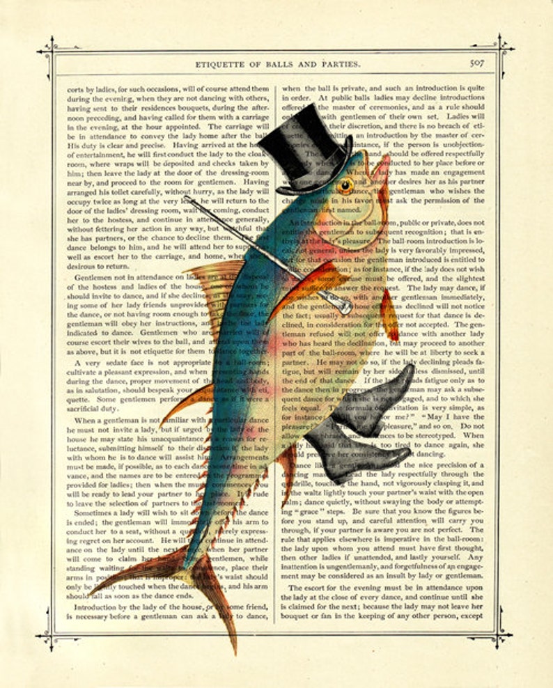 Dancing Fish Art Print Gentleman Top Hat Cane Steampunk Poster Vintage Victorian Book Page Art Print Nautical Sealife image 2