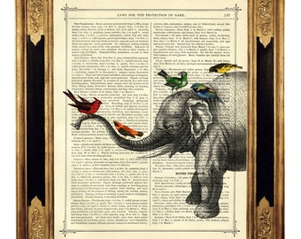 Elephant with birds Animals Natural History African - Vintage Victorian Book Page Art Print Steampunk