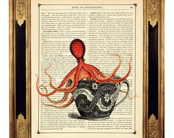 Tea Cup Print Octopus Kraken Poster Teacup Kitchen - Vintage Victorian Book Page Art Print Steampunk