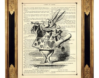 Alice in Wonderland Dictionary The White Rabbit Trumpet b&w Easter - Cottagecore Vintage Victorian Book Page Art Print