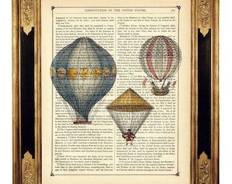 Dirigível balões de ar quente imagem steampunk cottagecore decoração de parede cartaz-vintage vitoriano livro página arte impressão