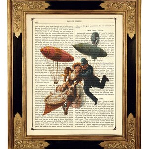 May include: An antique book page with an illustration of a man and woman flying in hot air balloons. The text on the page reads "Parlor Magic" and describes magic tricks.