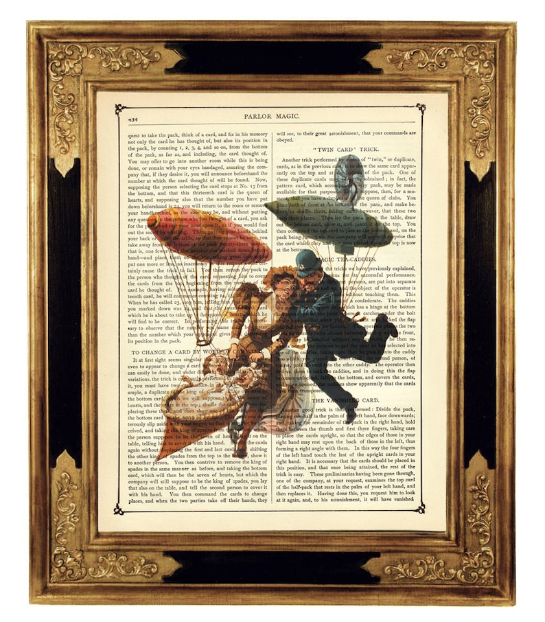 May include: An antique book page with an illustration of a man and woman flying in hot air balloons. The text on the page reads "Parlor Magic" and describes magic tricks.