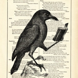 May include: A black and white illustration of a crow perched on a book. The crow is holding a book in its talons. The image is surrounded by text from a book of poetry quotations. The text includes quotes about guilt, happiness, hate, and heart.