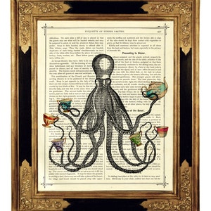 Octopus Kraken Image Tea Party Cups Steampunk Tentacles Cottagecore - Vintage Victorian Book Page Art Print