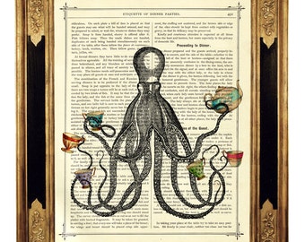 Octopus Kraken Image Tea Party Cups Steampunk Tentacles - Vintage Victorian Book Page Art Print