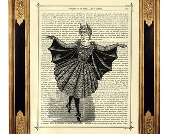 Impression d'art fille vampire Costume cape chauve-souris gothique décoration de fête d'Halloween - page de livre victorienne vintage impression d'art Steampunk