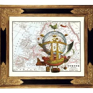 LIMITIERT! Heißluftballon Kunstdruck Luftschiff Luftballon - Steampunk Druck auf antiker viktorianischer Landkarte Seekarte