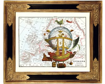 Voyage en montgolfière en dirigeable - Impression d'art sur une carte victorienne vintage Steampunk, affiche