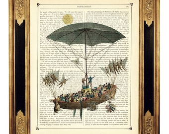 Airship Poster Umbrella Ship Sail Boat Hot Air Balloon Steampunk - Vintage Victorian Book Page Art Print