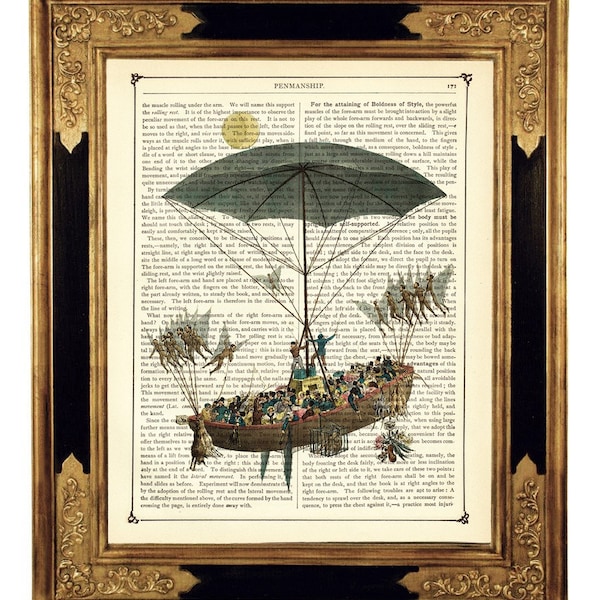 Airship Poster Umbrella Ship Sail Boat Hot Air Balloon Steampunk - Vintage Victorian Book Page Art Print Jules Verne