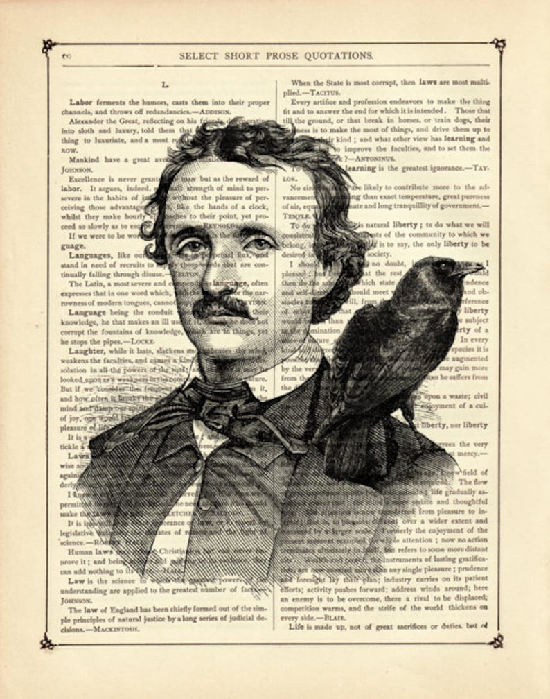 Edgar Allan Poe Kunstdruck Rabe Bild Gothic Halloween Dekoration Steampunk Druck auf antiker viktorianischer Buchseite Bild 2