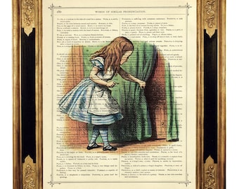 Alice im Wunderland Die Tür Vorhang Kunstdruck auf viktorianischer Buchseite Farbe Poster