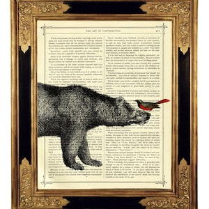 Bird sitting on a Brown Bear&#39;s Nose Friendship Nursery Woodland Poster - Vintage Victorian Book Page Art Print Steampunk