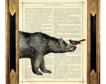 Bird sitting on a Brown Bear's Nose Friendship Nursery Woodland Poster - Vintage Victorian Book Page Art Print Steampunk