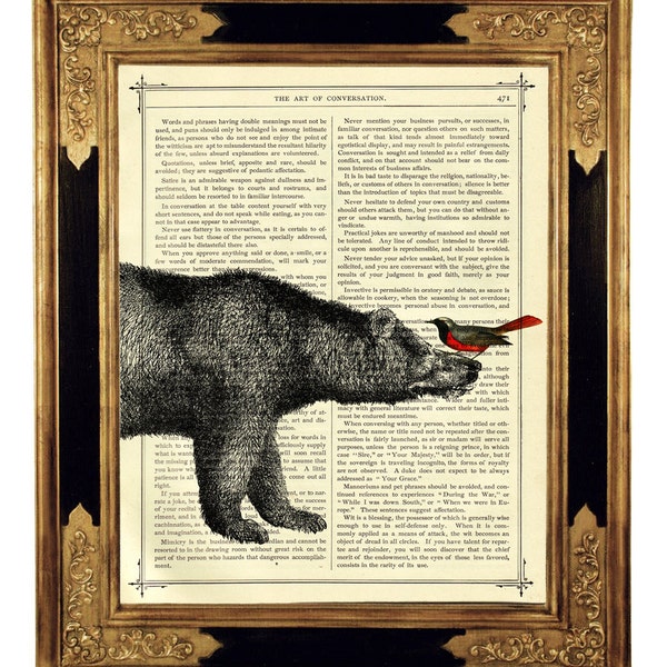 Bird sitting on a Brown Bear's Nose Friendship Nursery Woodland Poster - Vintage Victorian Book Page Art Print Steampunk