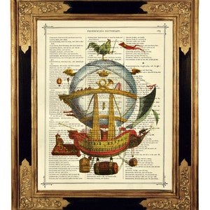 Luchtschip hete luchtballon I Steampunk Poster Cottagecore - Vintage Victoriaanse boekpagina Art Print