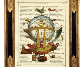 Airship Hot Air Balloon I Steampunk Poster Cottagecore - Vintage Victorian Book Page Art Print