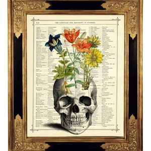 Human Skull Art Print Flowers Gothic Halloween Dark Academia - Vintage Victorian Book Page Dictionary Art Print Steampunk