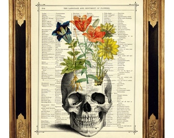 Impression d'art crâne humain fleurs gothique Halloween Dark Academia - livre victorien vintage page dictionnaire impression d'art Steampunk
