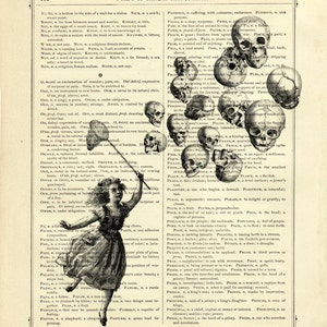 Halloween Girl catches Skull Balloons Gothic Dark Academia Halloween Vintage Victorian Book Page Art Print Steampunk image 2