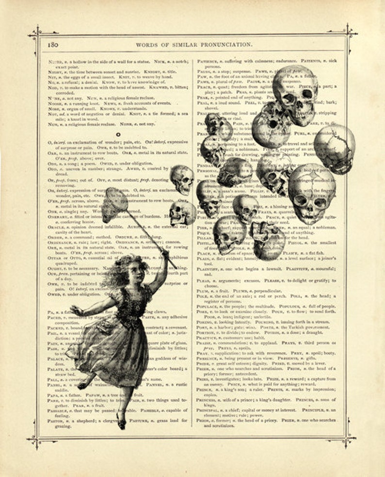 Halloween Girl catches Skull Balloons Gothic Dark Academia Halloween Vintage Victorian Book Page Art Print Steampunk image 2