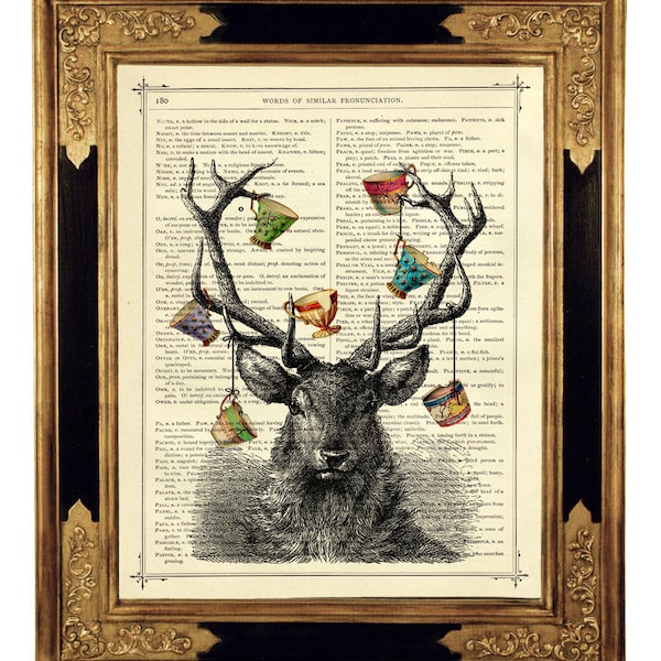 Deer Stag Art Print Antlers cracked Teacups Hannibal - Vintage Victorian Book Page Art Print Steampunk Gothic Halloween Poster