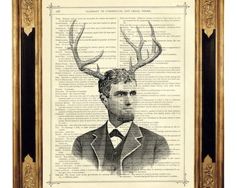 Impression d'art Steampunk Gentleman bois de cerf Portrait de cerf gothique - page de livre victorienne vintage impression d'art dictionnaire Steampunk