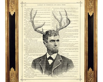 Steampunk Gentleman Antlers Art Print Deer Stag Portrait Gothic - Vintage Victorian Book Page Art Print Dictionary Steampunk