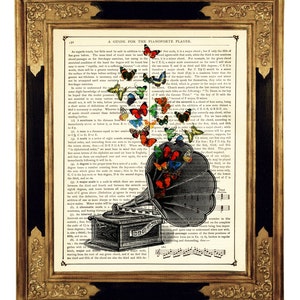 Butterflies Gramophone Dictionary Music Player Poster Print Steampunk Vintage Victorian Book Page Art Print image 1