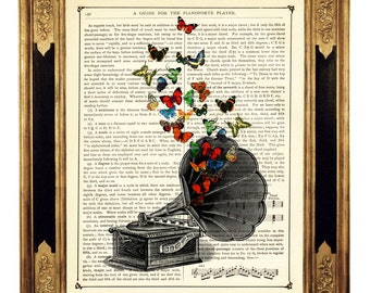 Vlinders Grammofoon Woordenboek Muziekspeler Poster Print - Steampunk Vintage Victoriaanse boekpagina Art Print