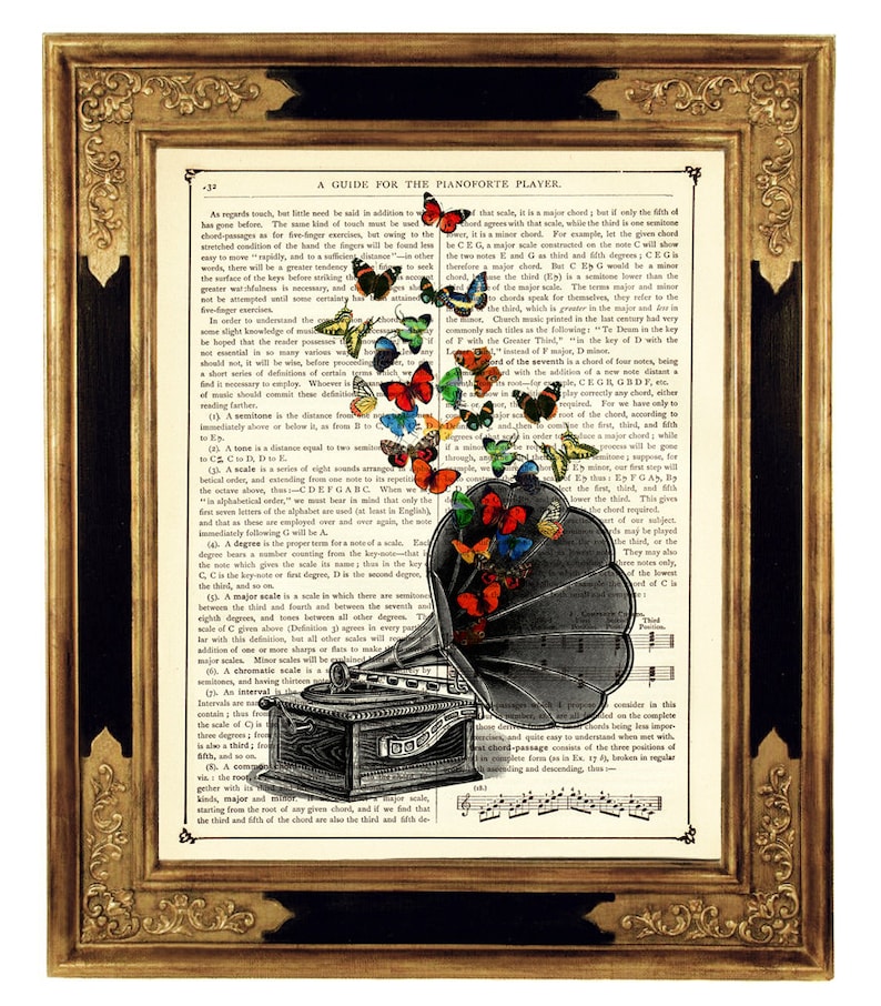 Impression d'affiche de lecteur de musique dictionnaire gramophone papillons impression d'art page de livre victorienne vintage steampunk image 1