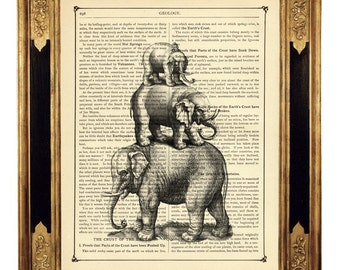 Elephants pyramid Poster Print Surrealism African Indian - Vintage Victorian Book Page Art Print Steampunk