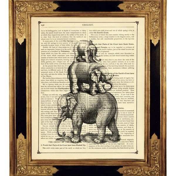 Elefanten Pyramide Kunstdruck Surrealismus Äffchen - Steampunk Druck auf antiker viktorianischer Buchseite